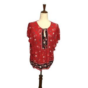 J.Jill Floral Cotton Top Medium Black Red Lace Flutter Sleeves